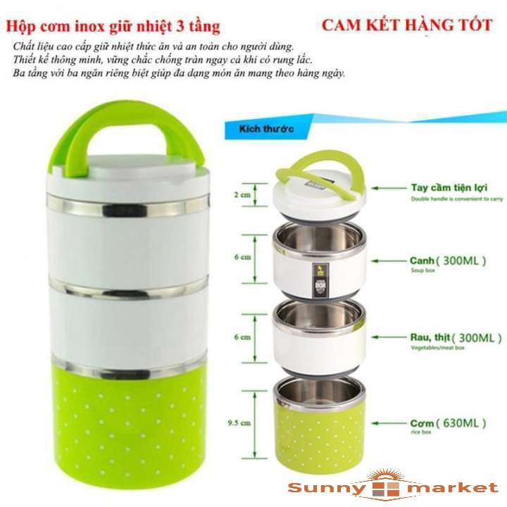 Hộp đựng cơm, camen 3 tầng chấm bi, ruột inox giữ nhiệt cao cấp