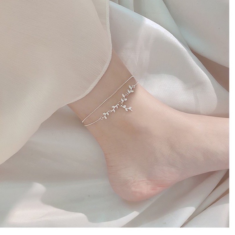 Lắc chân nữ bạc đẹp, vòng đeo chân đôi lá nguyệt quế trang sức bạc 925- Minh Thoa Jewelry