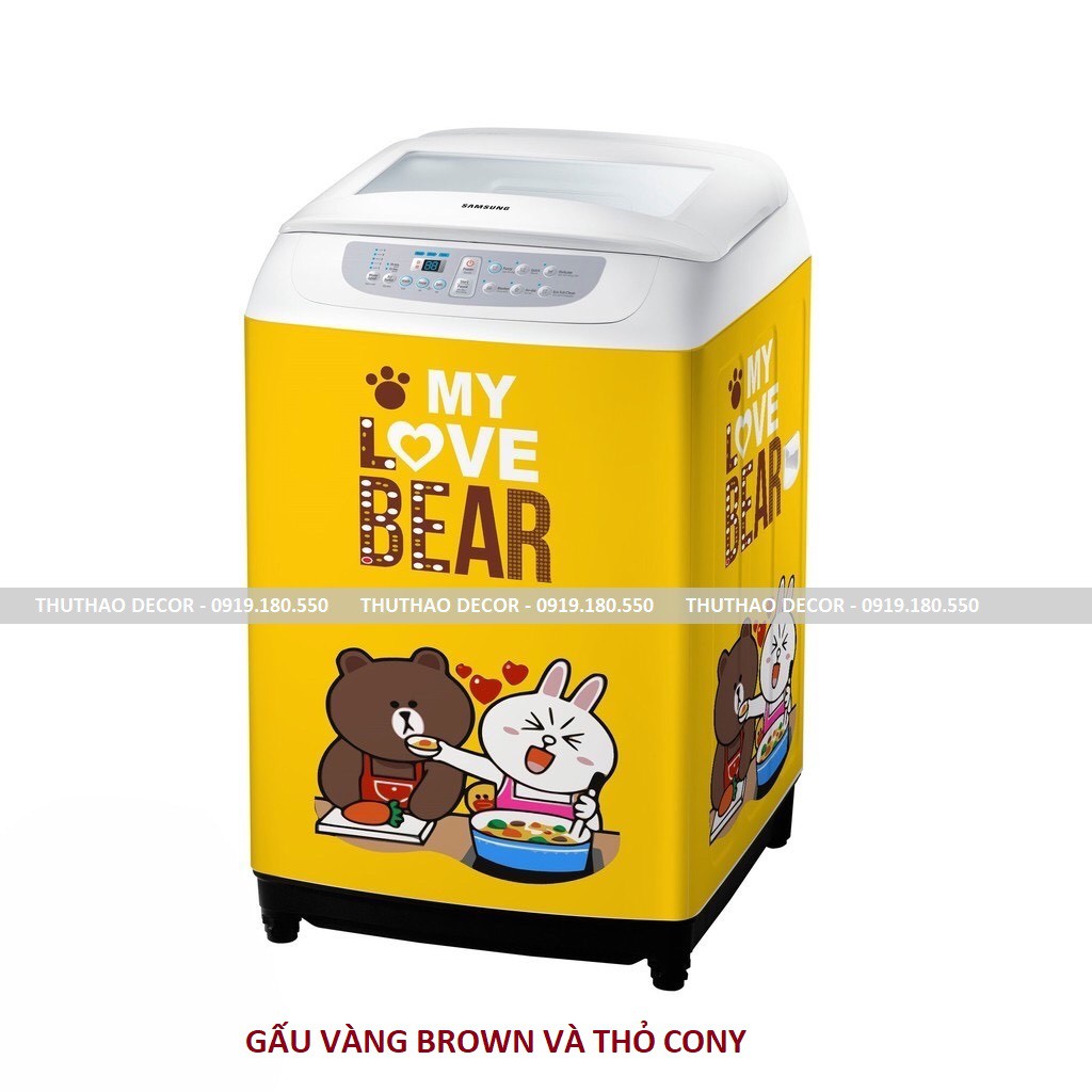 Decal dán máy giặt - tủ lạnh mini GẤU VÀNG BROWN