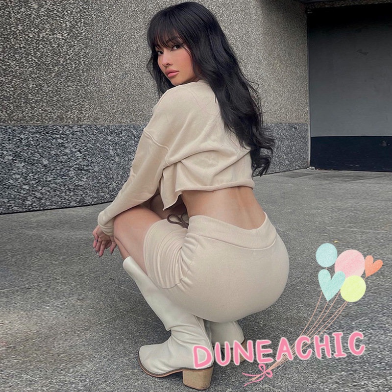 DUNEA Bộ Áo Sweater Dài Tay Dáng Rộng + Chân Váy Ôm 2 Mảnh Xinh Xắn Dành Cho Nữ