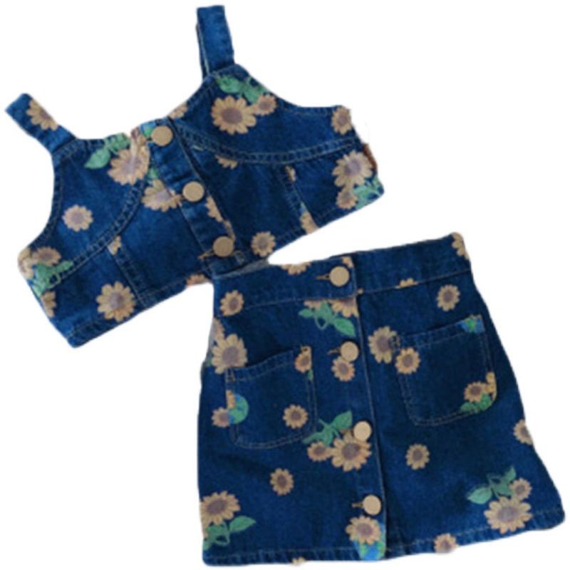 Bộ áo Denim + chân váy thiết kế mới thời trang mùa hè theo phong cách Hàn Quốc cho bé gái