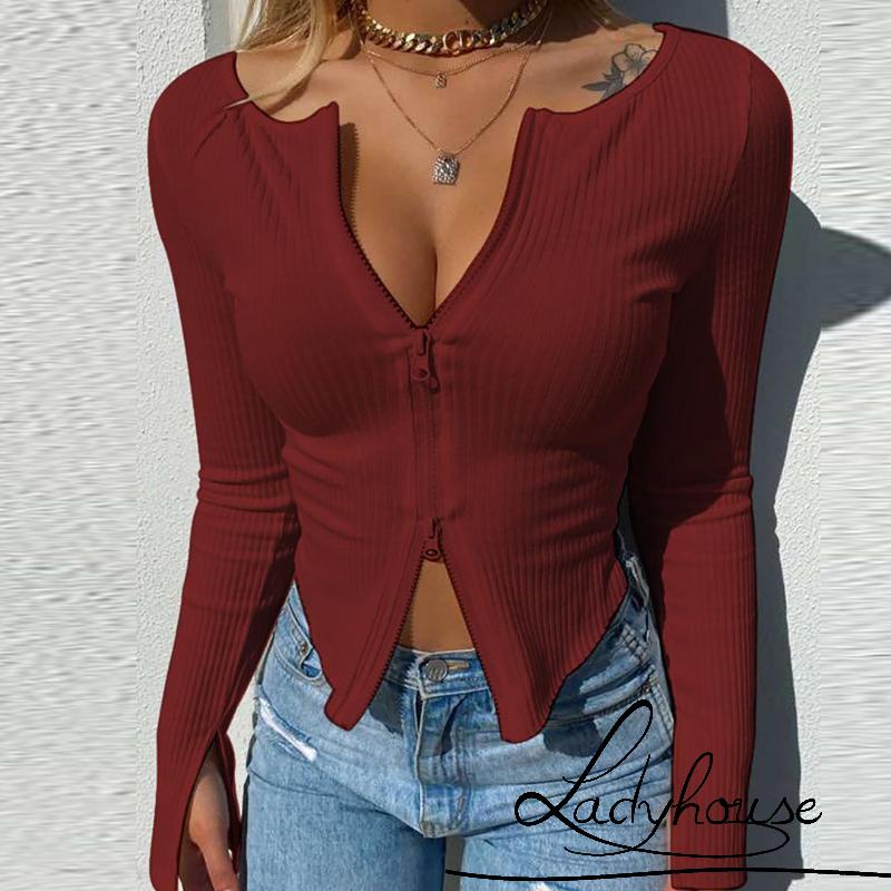 Áo croptop dệt kim cổ tròn tay dài màu sắc trơn có khóa kéo phong cách thời trang mùa thu quyến rũ cho nữ