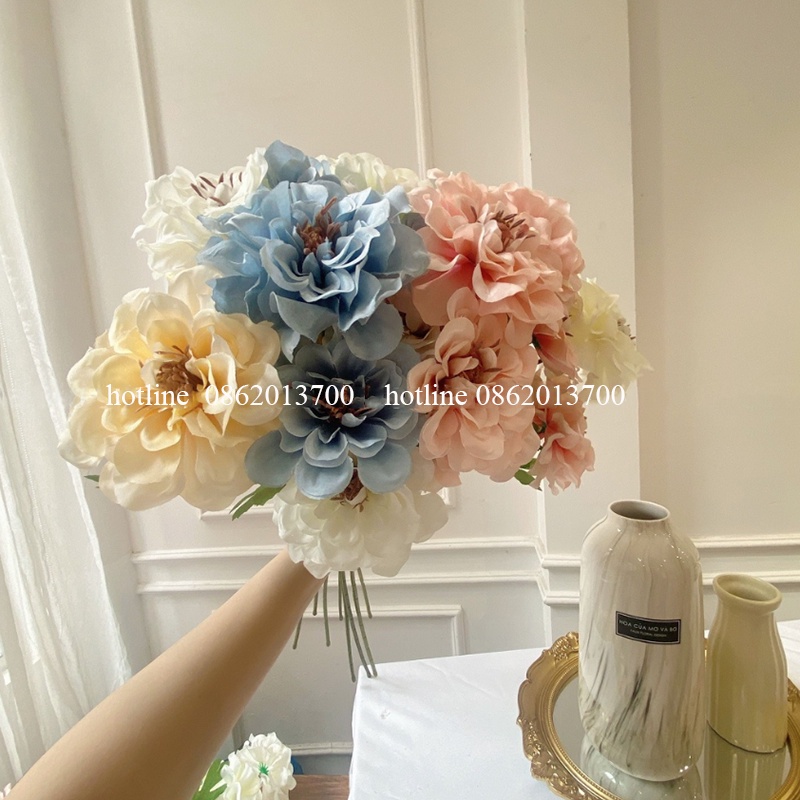 Hoa Giả- Hoa Cúc Thược Dược Cao Cấp Cành 3 Bông 65cm Trang Trí Nhà Cửa Siêu Xinh