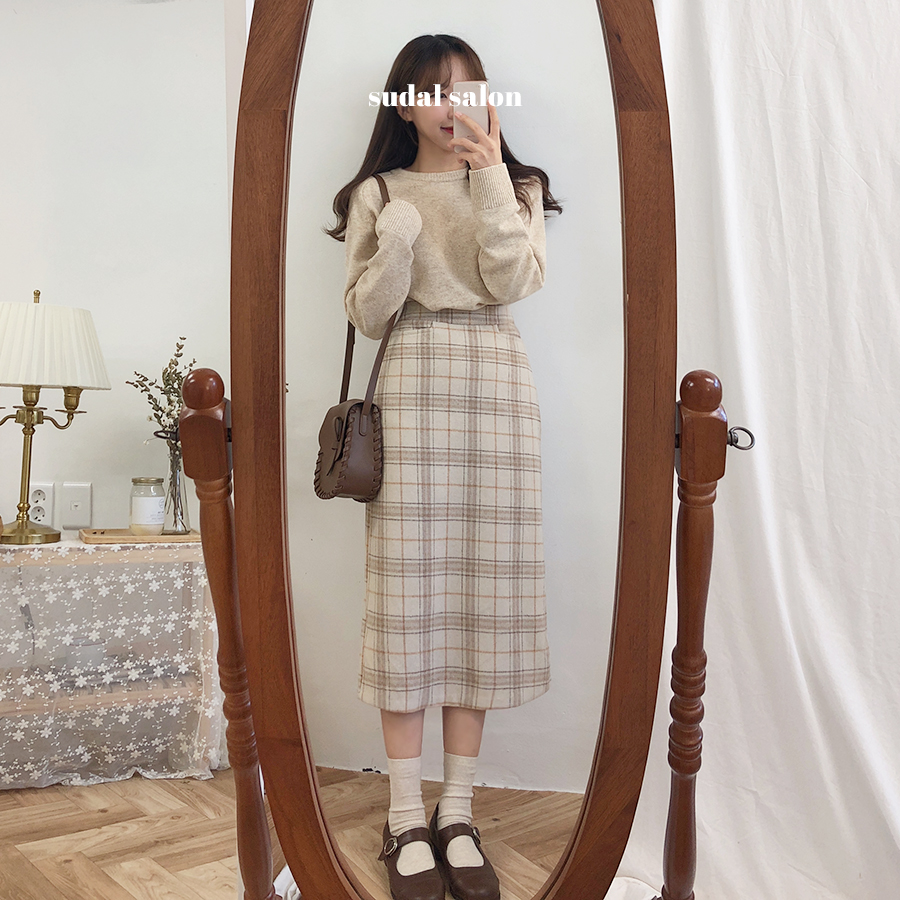 Chân váy dài vừa vải len lưng cao kẻ sọc ô vuông 26843