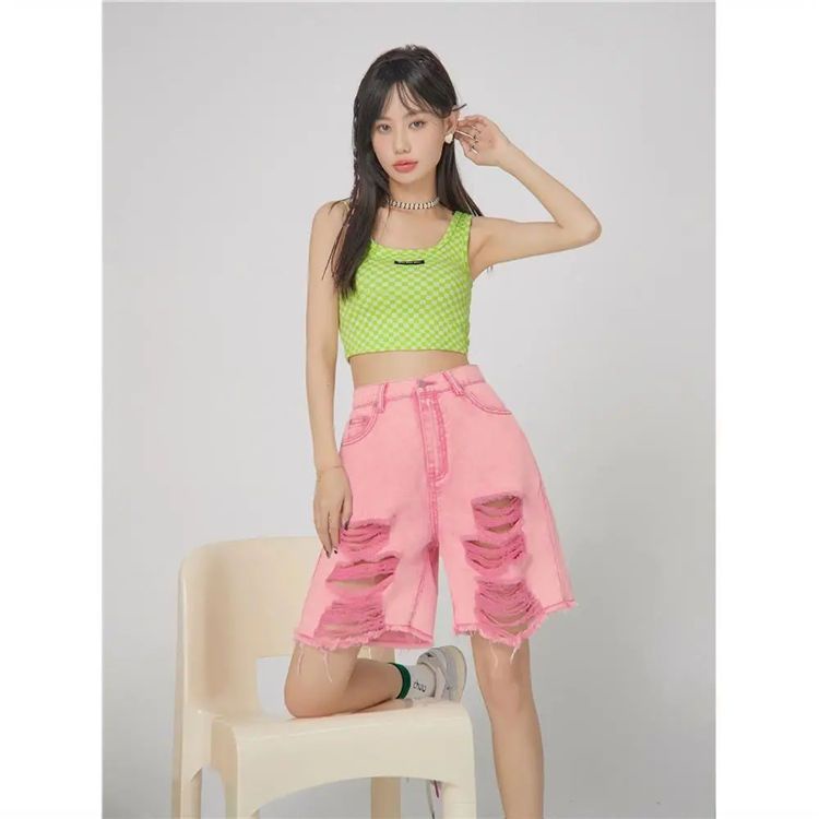 Jiashucheng Quần Short Denim Cạp Cao Dáng Rộng Rách Cỡ Lớn Thời Trang Mùa Hè Cho Nữ