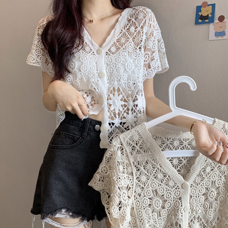 Brroa Áo Khoác Cardigan Ngắn Tay Phối Ren Cài Nút Thời Trang Mùa Hè Cho Nữ