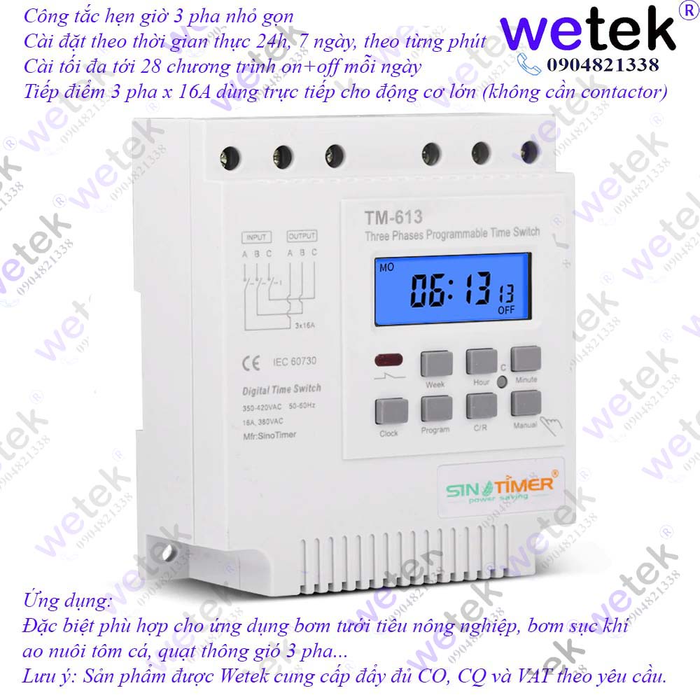 Công tắc hẹn giờ 3 pha TM-613 / TM613 Sinotimer, 3 pha 16A, 24h 7 ngày 28 chương trình mỗi ngày cho bơm 3 pha rẻ, bền