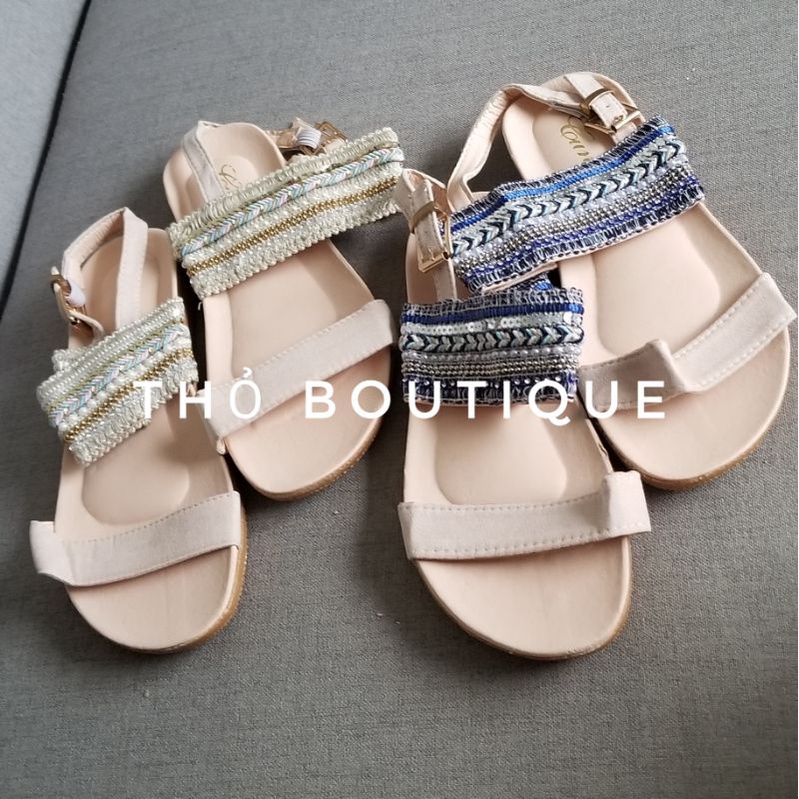 Giày sandal CUNYI Bohemian da lộn phối quai ngang dệt thổ cẩm đính cườm màu xanh, kem size 37-38