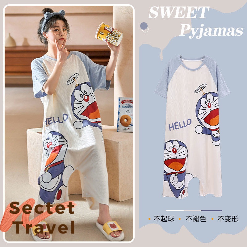 Đầm Ngủ Cotton Mỏng Tay Ngắn In Họa Tiết Doraemon Dễ Thương Thời Trang Mùa Hè Cho Nữ