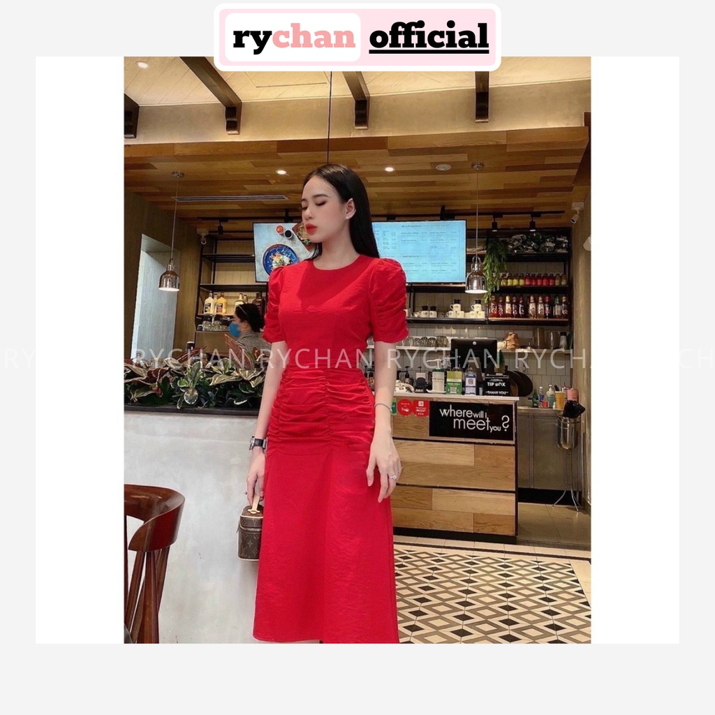 Đầm Xòe Midi Tay Phồng Nhún Sườn 2 Màu Trắng Đỏ Sang Trọng [Ảnh Thật Cuối] - DX0096