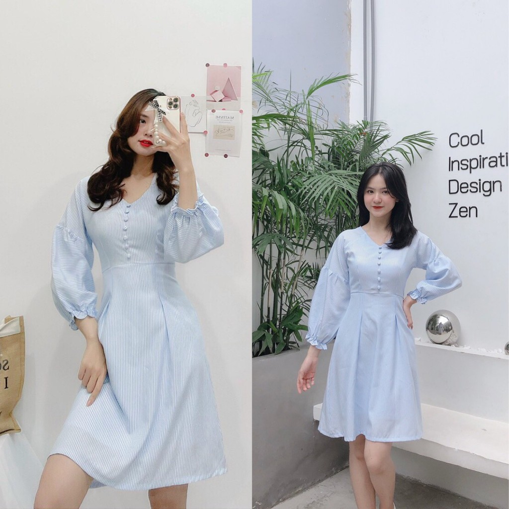 Đầm caro xanh tay dài, Váy sọc caro xanh Cao Cấp dáng xòe ngang gối có dính khuy ngực đi tiệc đi làm công sở - MiNhi
