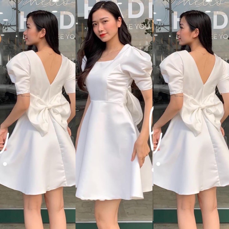 Đầm cổ vuông phi tafta nơ lưng dáng ngắn đi chơi, đám cưới, du lịch TKN