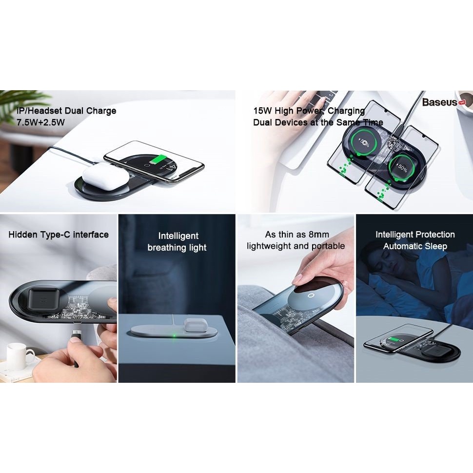 Đế sạc nhanh không dây Baseus Simple 2 in 1 Wireless Charger 15W cho iPhone và Airpods