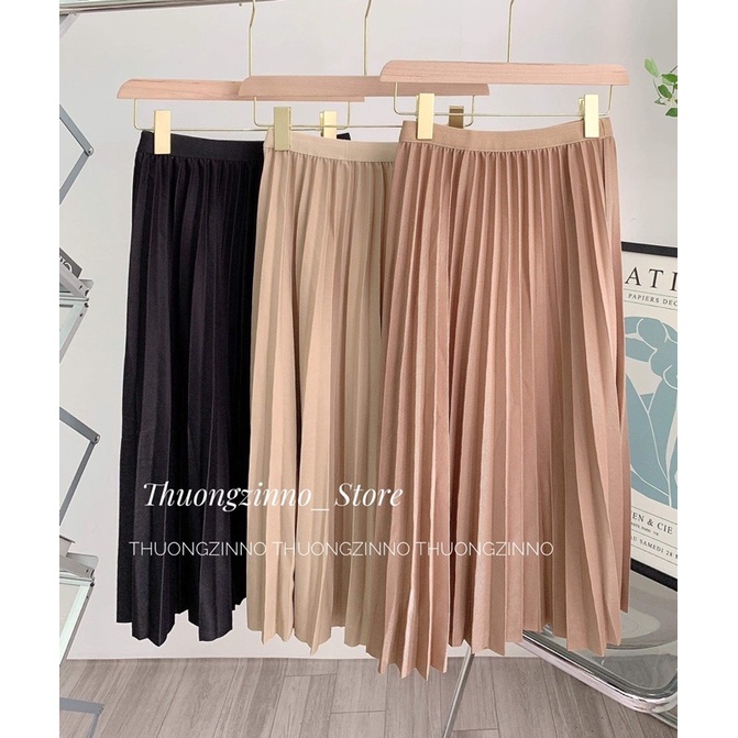 [Ảnh thật/Video] Chân váy midii xếp li nhẹ nhàng tiểu thư Chân váy dài chun eo Quảng Châu