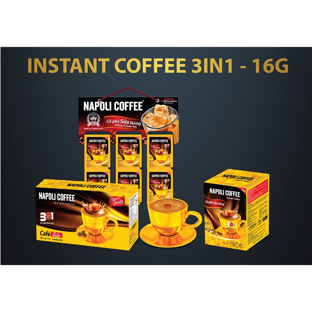 Cà phê hòa tan sữa dây Napoli Coffee 3in1 - 10 gói x 16g -sẽ mang lại hương vị ngọt thơm béo từ sữa ,vị đắng hạt cà phê
