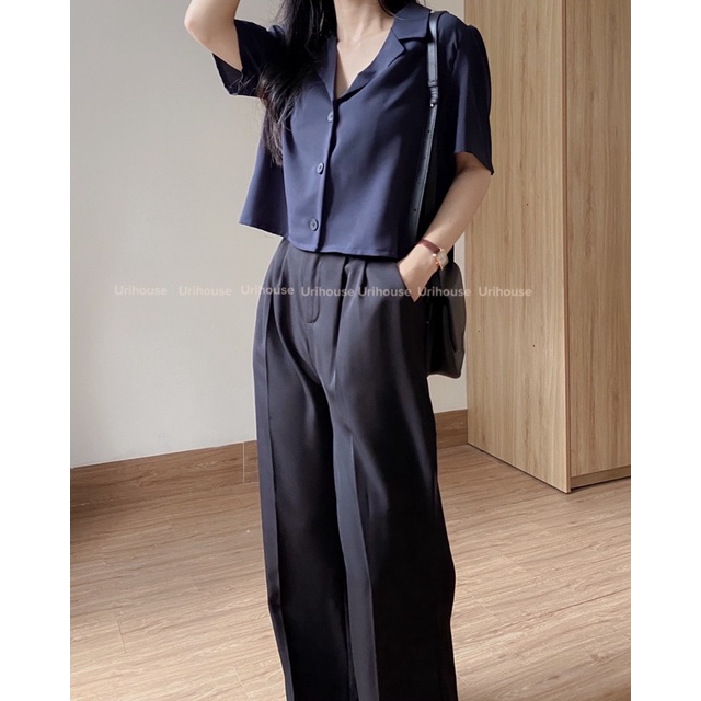 Urihouse - Quần tây đen ống suông rộng mềm rũ