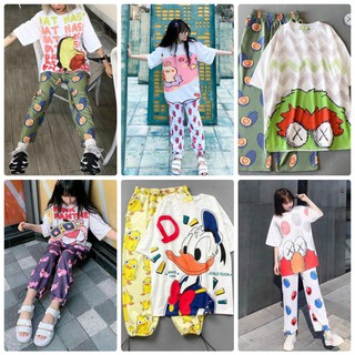 Set bộ cartoon quần dài kèm áo thun tay lỡ thụng UNISEX nhiều hình dễ thương kèm ảnh video/thật