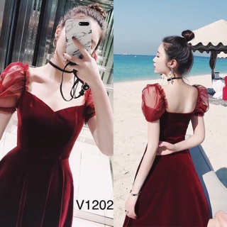 Váy xoè nhung đỏ tay lưới V1202 - DVC thời trang thiết kế cao cấp (kèm ảnh sàn shop tự chụp)