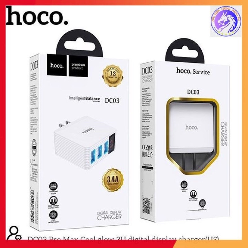 cốc sạc Hoco DC03 pro 3 cồng usb sạc nhanh 3.4a bảo hành 12 1 đồi 1