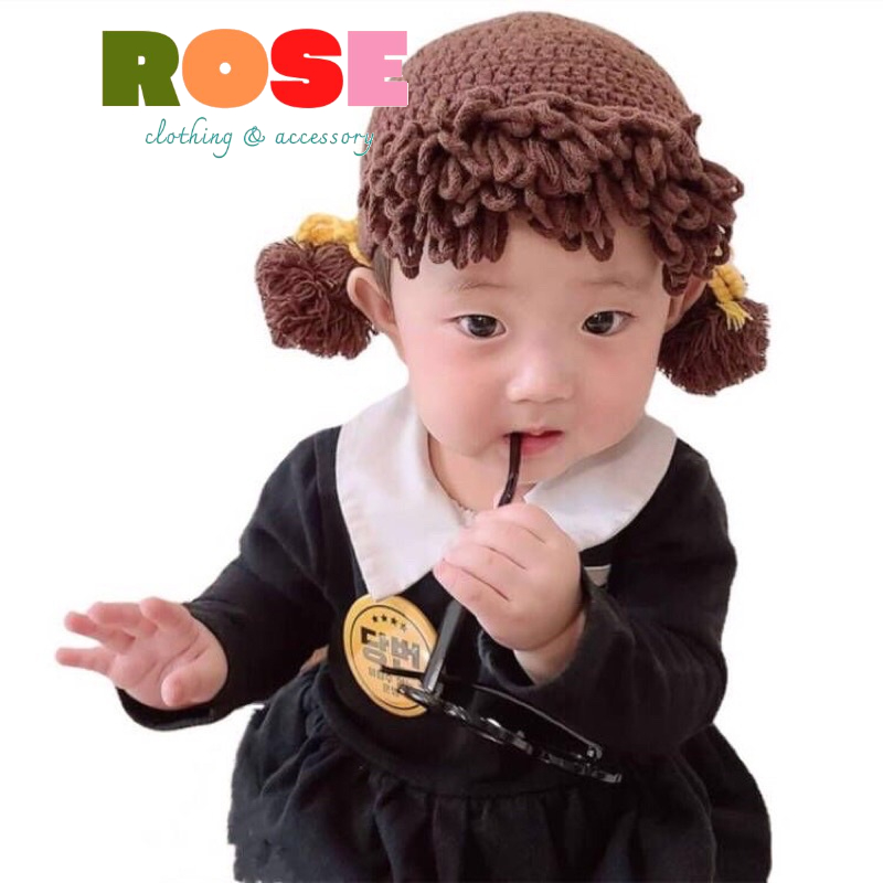 Mũ len tóc 2 chùm thấp đáng yêu cho bé