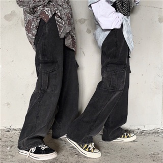 (Sẵn Xl) Quần Jeans đen suông Nam và Nữ túi hông có nắp Ulzzang (ảnh thật + video)