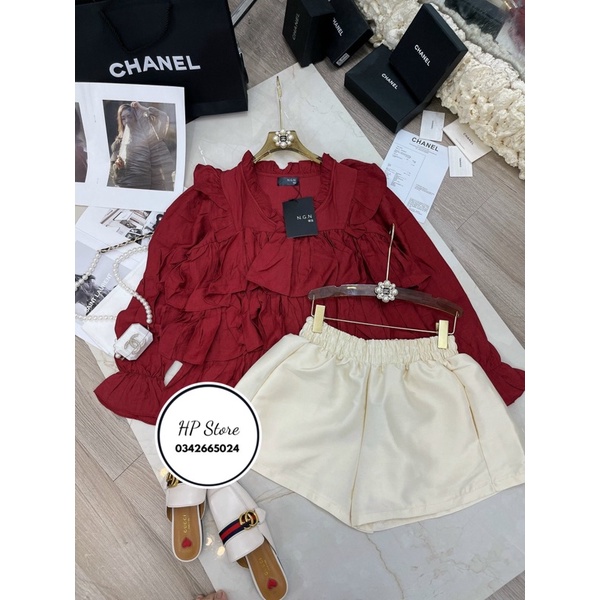 Sét áo đỏ bèo phối quần tacta be phồng siêu xinh