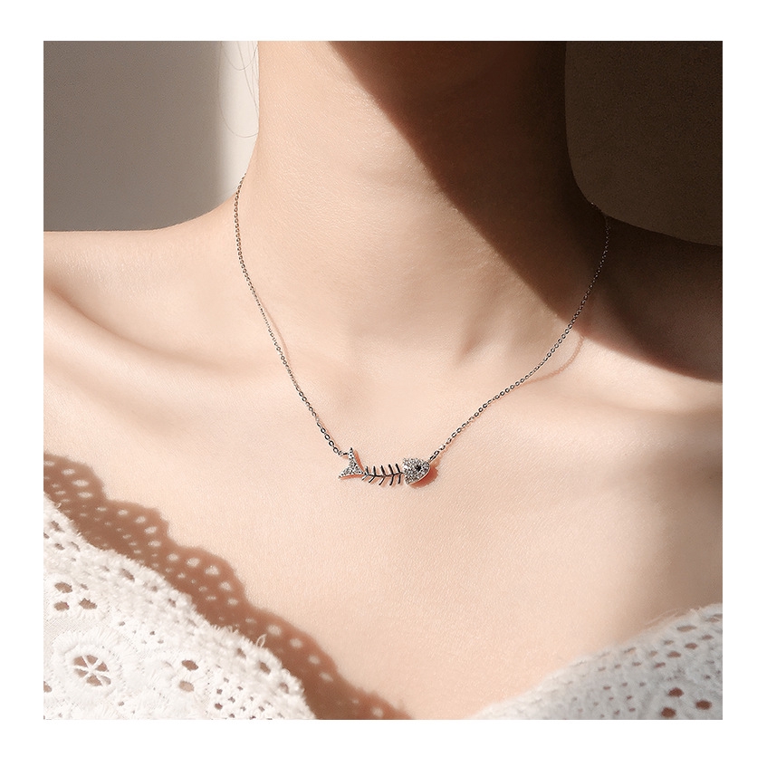 Vòng cổ mạ bạc 925 hình xương cá đính đá độc lạ