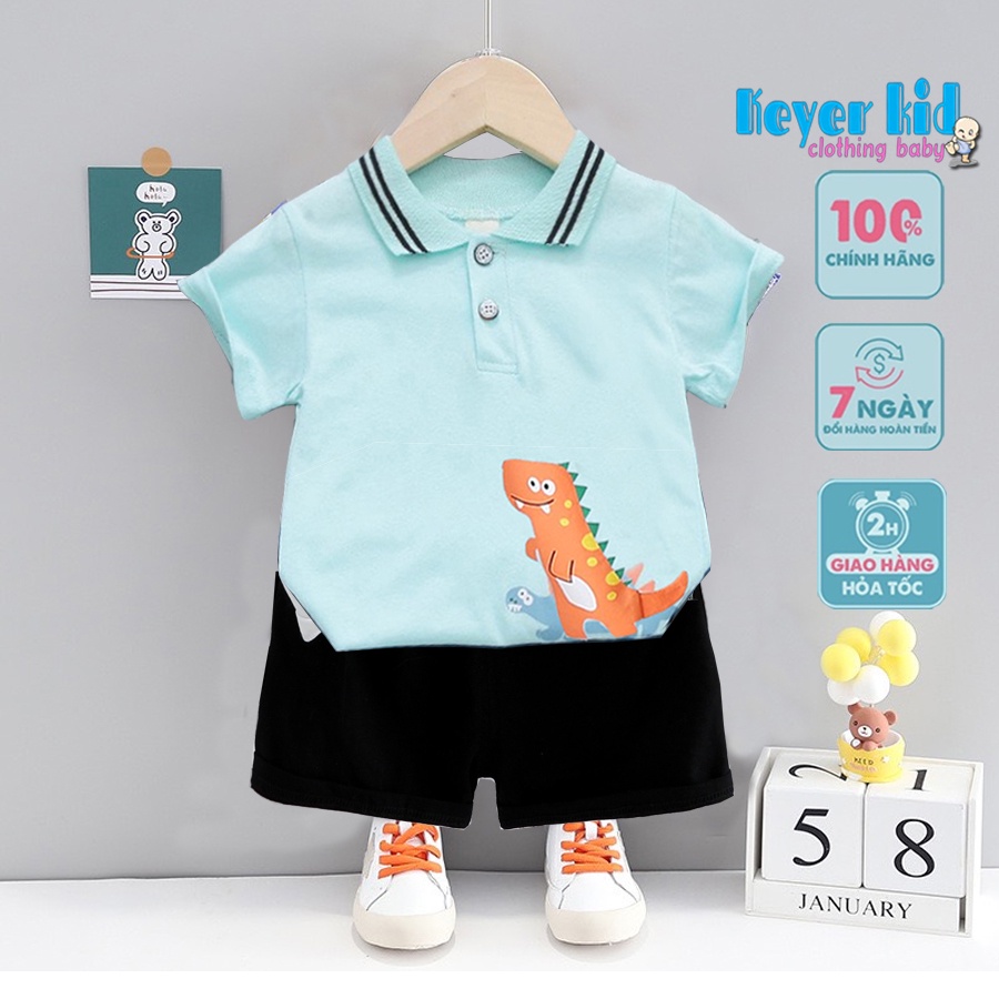 Bộ quần áo cộc tay cổ bẻ bé trai KEYER KIDS chất cotton trẻ em (6 tháng - 5 tuổi) in hình thú đáng yêu SZ40