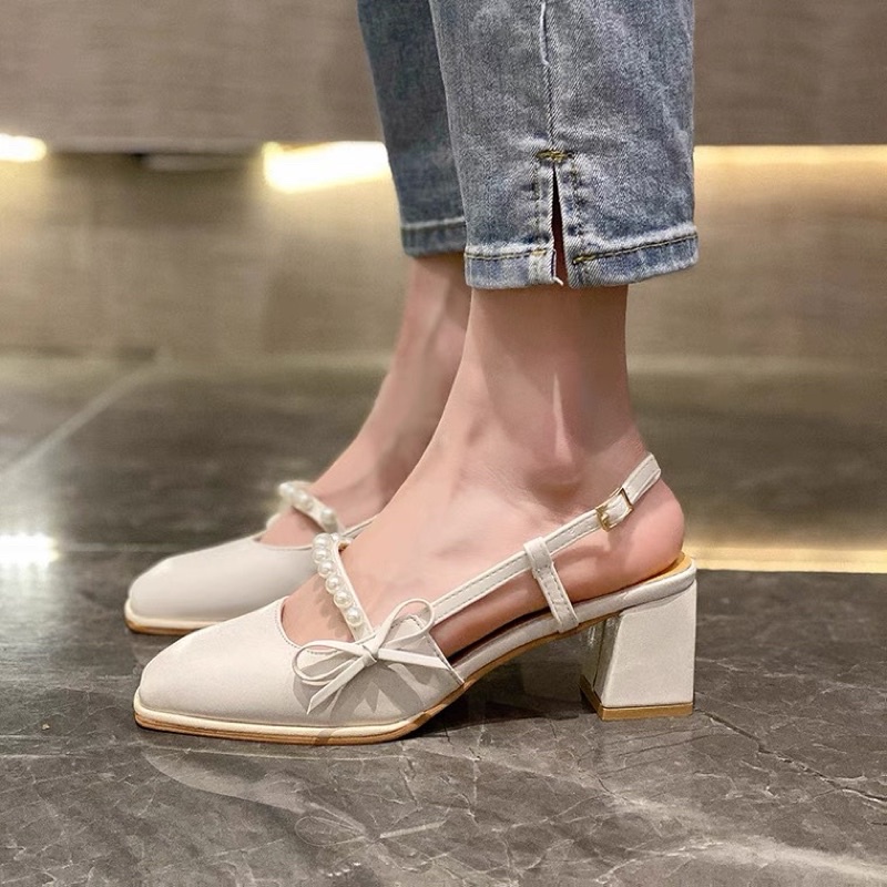 Giày cao gót mũi vuông mũi vuông đính nơ ngọc trai nhân tạo Mary Jane Hàn Quốc 2021 -6235