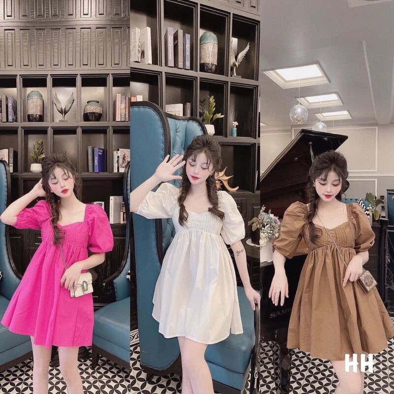 Váy cổ v nhún ngực bo tay dáng ngắn