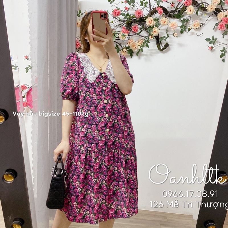 (Có sẵn bigsize 40-110kg) Váy bầu mùa hè- Đầm Bầu Ngắn Tay Dáng đuôi cá cổ ren đính cúc đẹp sang
