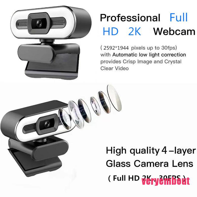 1PCS 2K Webcam HD w/Microphone Ring Light USB 2.0 Web Camera for PC Lapto