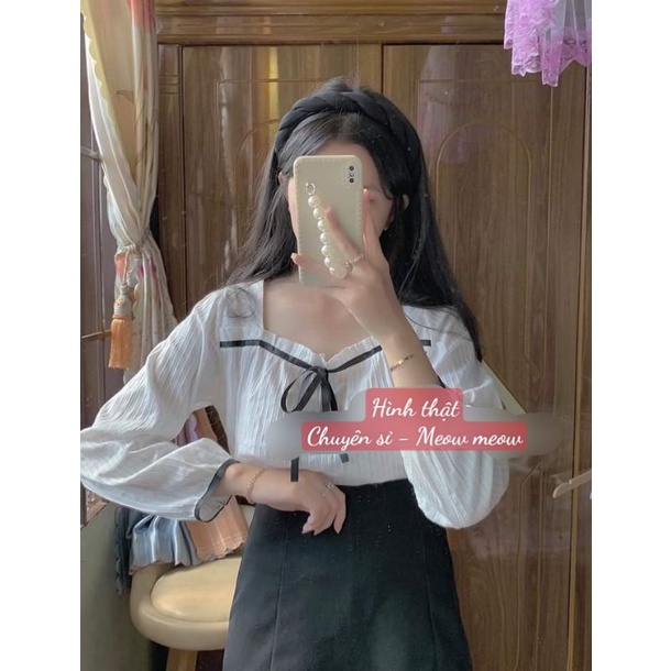 Áo sơ mi tiểu thư cổ vuông cột nơ Quảng Châu Meow meow