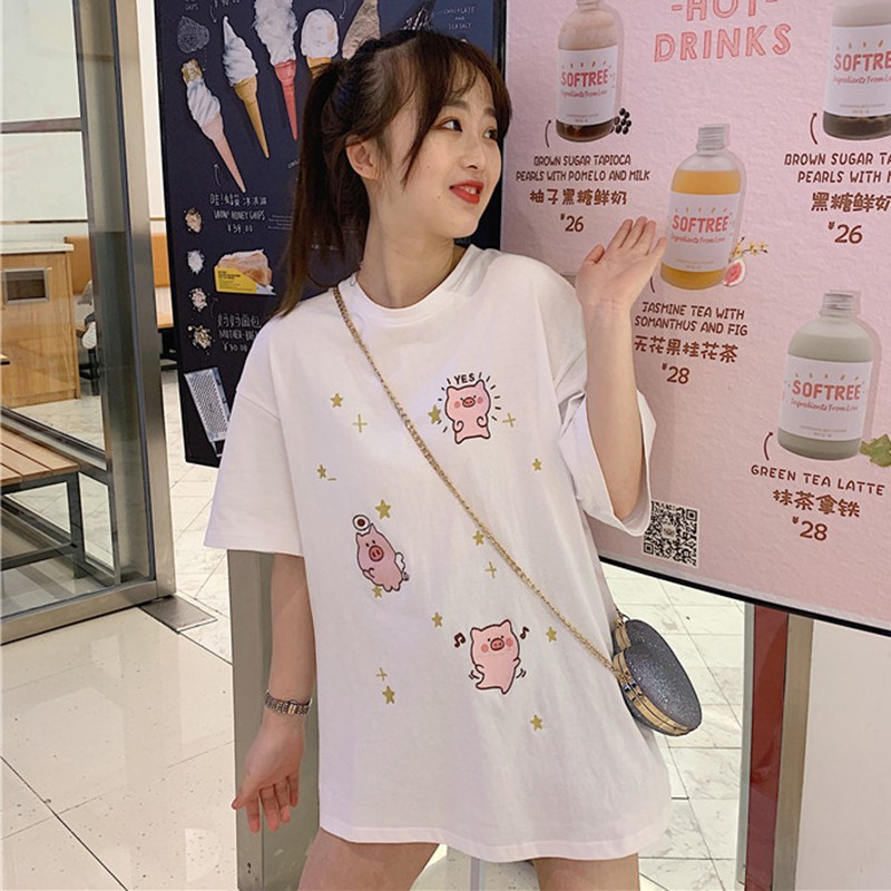 Áo thun tay ngắn cổ tròn họa tiết heo hoạt hình dễ thương đáng yêu cho nữ