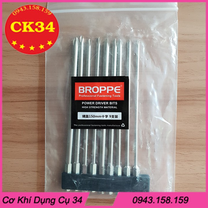 Bộ 9 mũi tô vít 4 cạnh dài 150 mm cho khoan pin điện hãng BROPPE