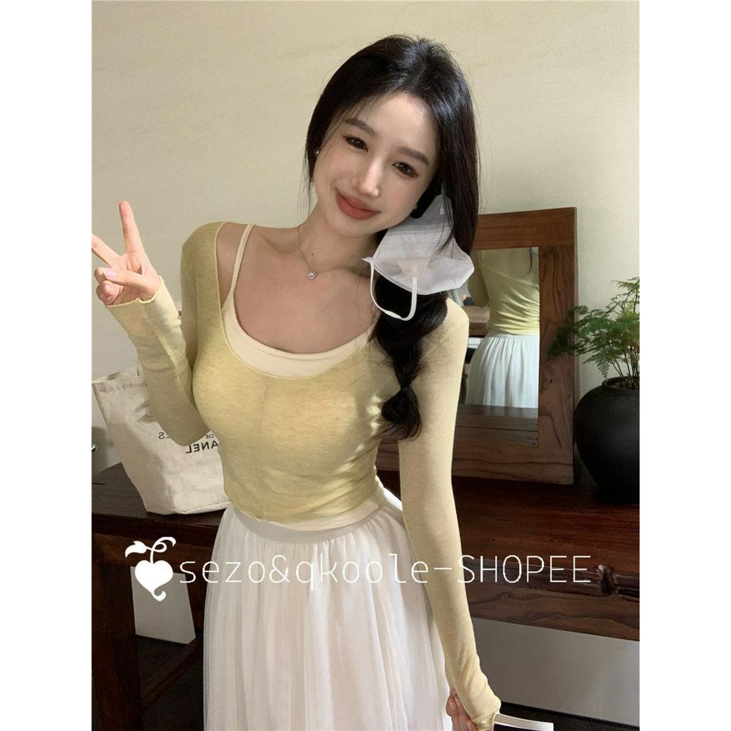 Set Áo Dây Dệt Kim Chống Nắng Có Miếng Lót Ngực Thời Trang Hong Kong Mùa Hè Cho Nữ