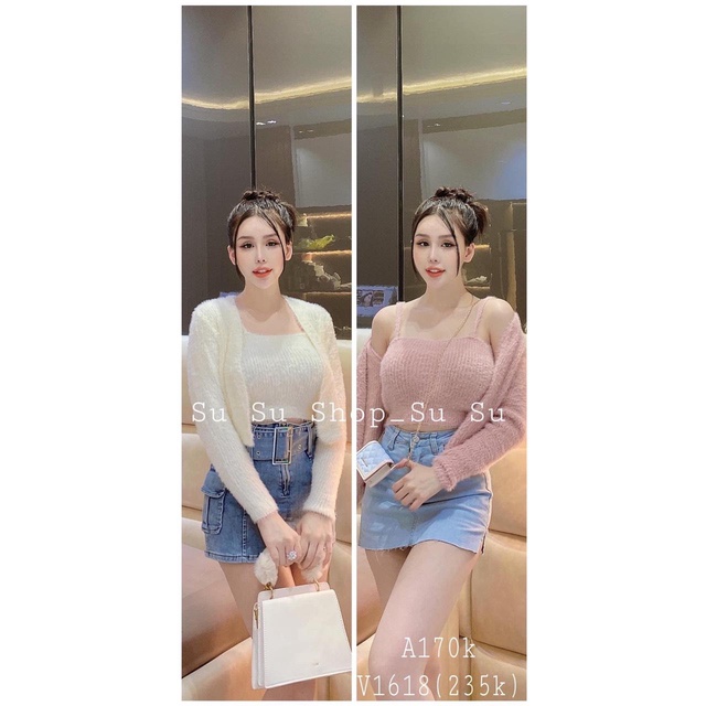 Set áo len 2 dây và áo cadigan lông thỏ freesize