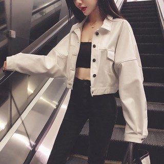 Áo Khoác Nữ Hàn Quốc Kaki Pha Da PU Màu Trắng Cá Tính