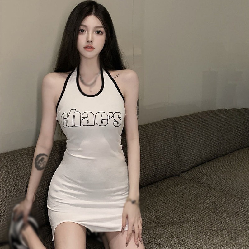 Đầm Sát Nách Cổ Yếm Dáng Ôm In Chữ Phong Cách Hàn Quốc Thời Trang Hè Quyến Rũ Cho Nữ