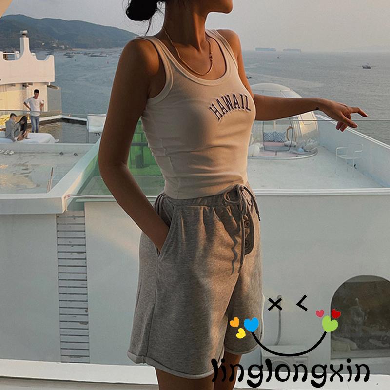 Áo Croptop Sát Nách Cổ Tròn Thêu Chữ Thời Trang Mùa Hè Cho Nữ Linglongxi2