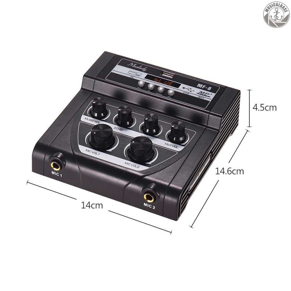 T&T Muslady MF-8 Mini Karaoke Sound Audio Mixer Stereo Echo Mixers Dual Microphone Inputs Support BT Recording MP3 Function for TV PC Smartphone Amplifier
