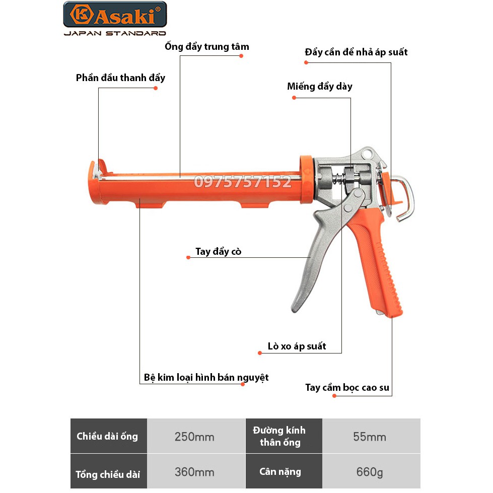 Súng bắn keo silicon trợ lực công nghiệp Asaki Japan, thiết kế tối ưu, đường keo ra đều, mịn, tự ngắt keo khi dừng cò