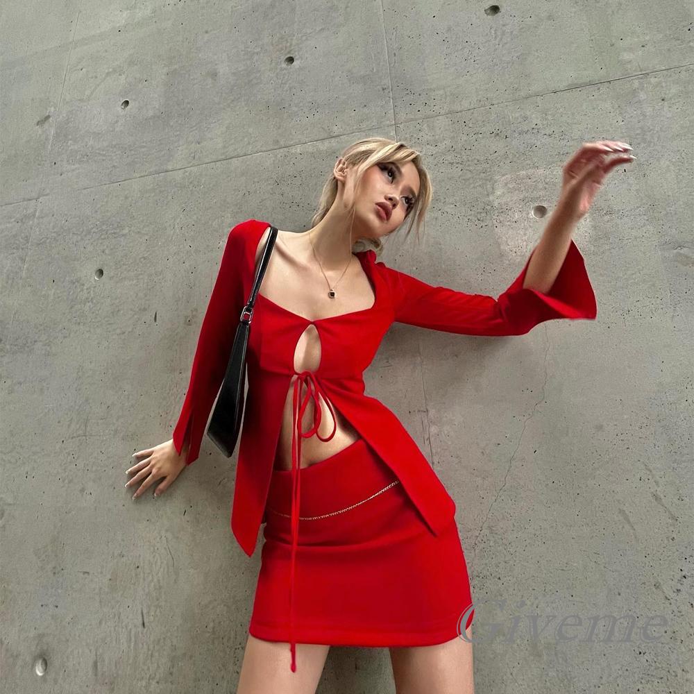 Set Đồ Mùa Hè 2 Món Gồm Áo Tay Dài Cắt Xẻ Tà Và Chân Váy Ngắn Lưng Cao Màu Trơn Cho Nữ