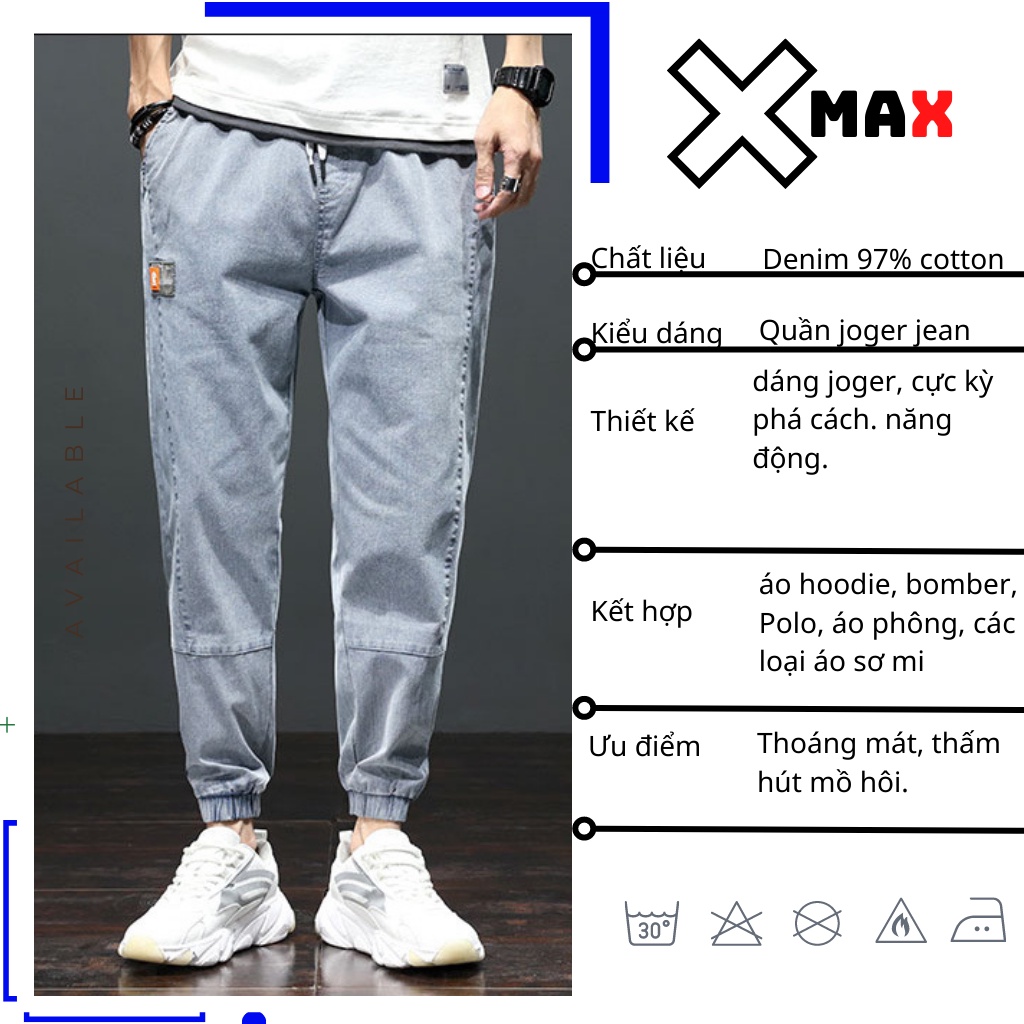 Quần jean jogger nam co giãn 4 chiều bo gấu phá cách cực đẹp, Quần bò nam cạp chun Hottrend hàn quốc Xmax B050