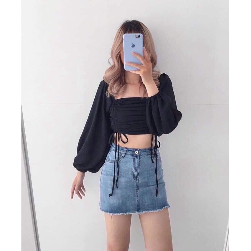 ÁO CROPTOP CỔ VUÔNG TAY DÀI BỒNG PHỐI DÂY RÚT - ÁO TRỄ VAI CROPTOP RÚT DÂY XANH VÀNG HỒNG ĐEN TRẮNG