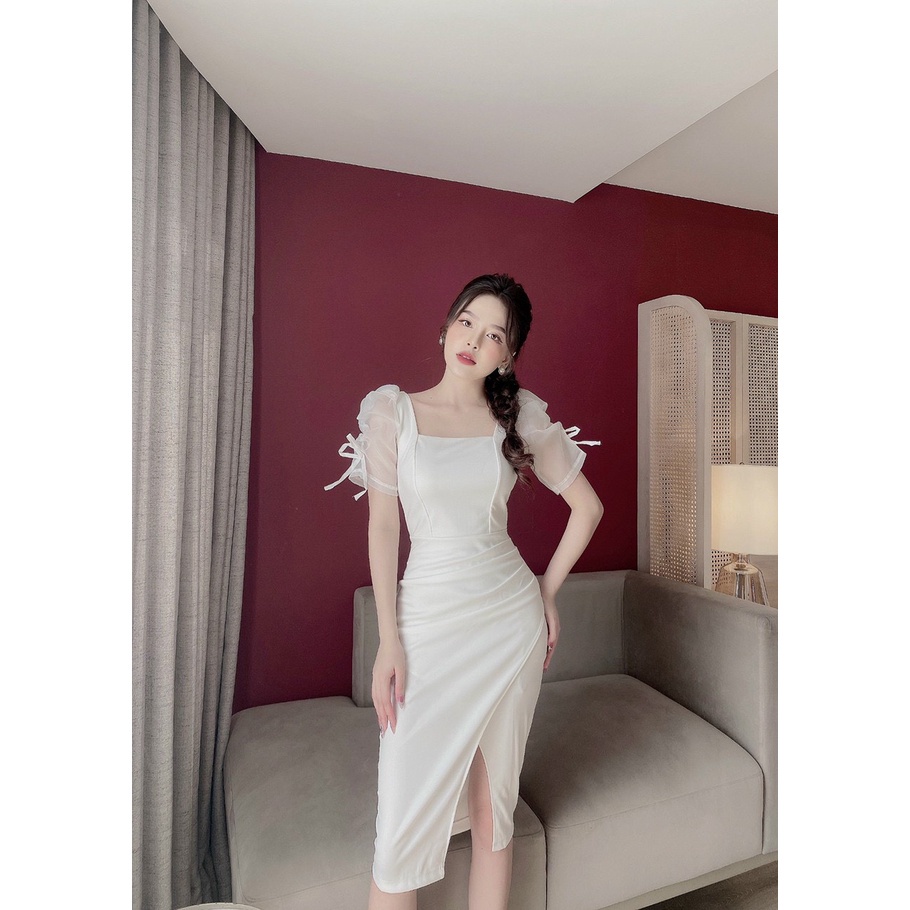 Váy nữ đầm nữ dự tiệc cao cấp cổ vuông nhún éo chất vải Umi Hàn cao cấp tạo nên vẻ đẹp thanh lịch tao nhã cho phái đẹp