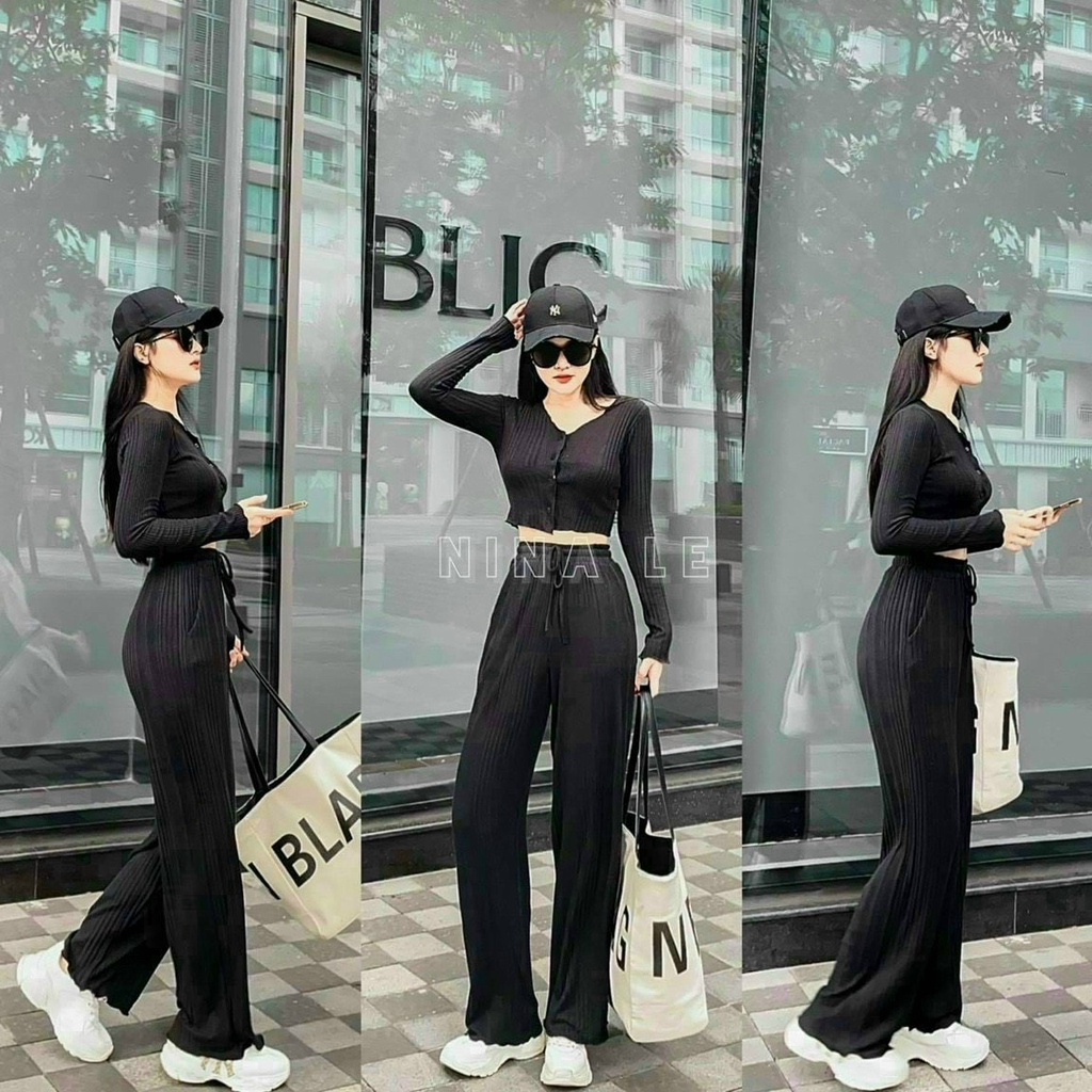 Sét Bộ Nữ Thời Trang Mặc Đi Chơi, Sét Bộ Thun Gân Áo Croptop Tay Dài Cổ Tim Mix Quần 3 Màu Phong Cách