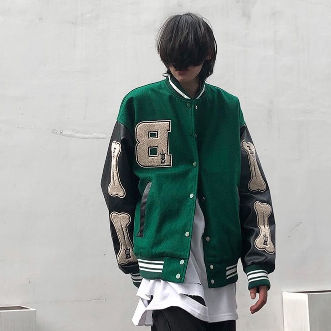 Áo varsity jacket tay da màu xanh đen 2022, áo khoác bomber nam form rộng đẹp thời trang unisex