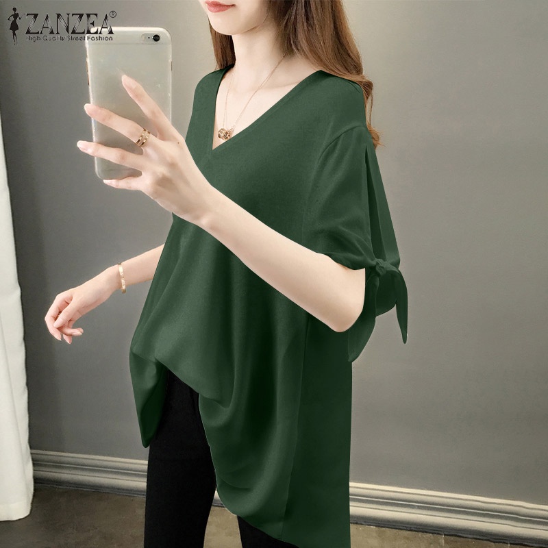 Áo sơ mi Zanzea tay ngắn cổ chữ v thời trang phong cách Hàn Quốc cho nữ