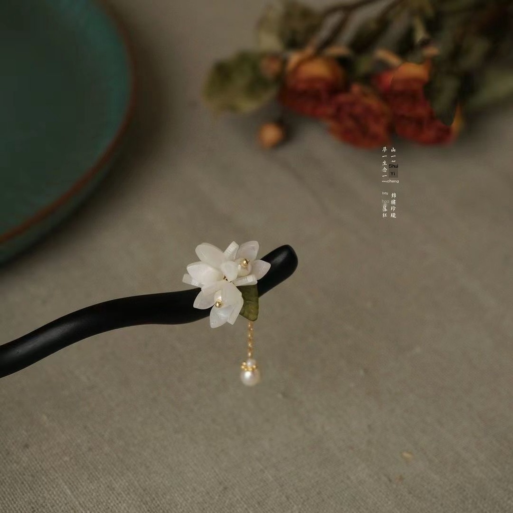 Trâm Cài Tóc Bằng Gỗ Mun Màu Trắng Phong Cách Trung Hoa Cổ Điển Dễ Phối Đồ